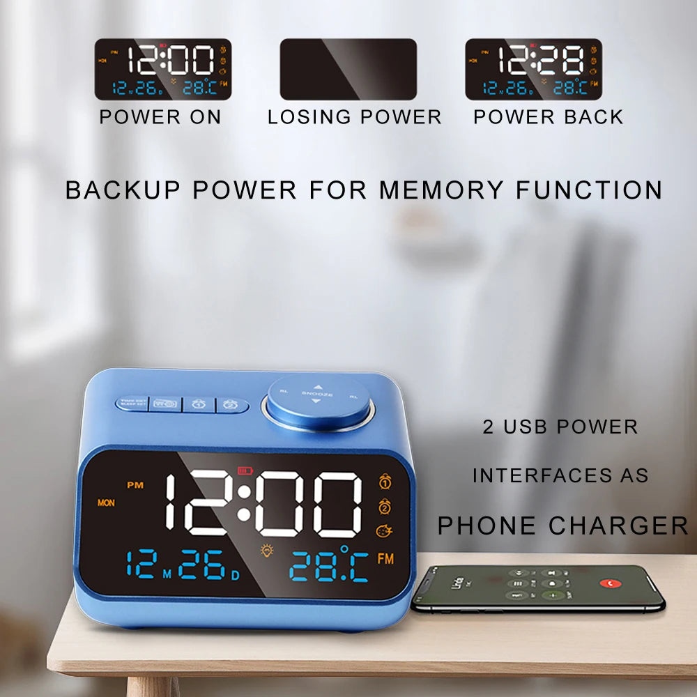 Modern LED Alarm Clock with FM Radio & Temperature Display