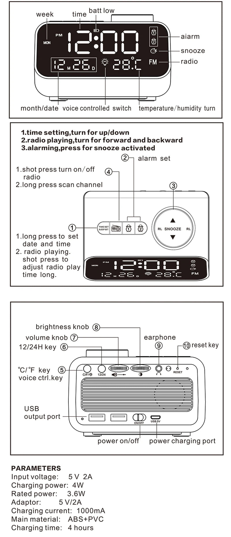 Modern LED Alarm Clock with FM Radio & Temperature Display